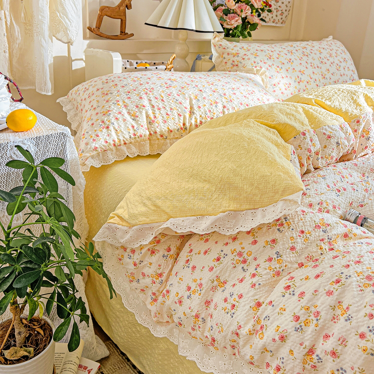 91家纺网 家纺一手货源 找家纺 瑞禾家纺 2026新款泡芙纱花边四件套 心愿