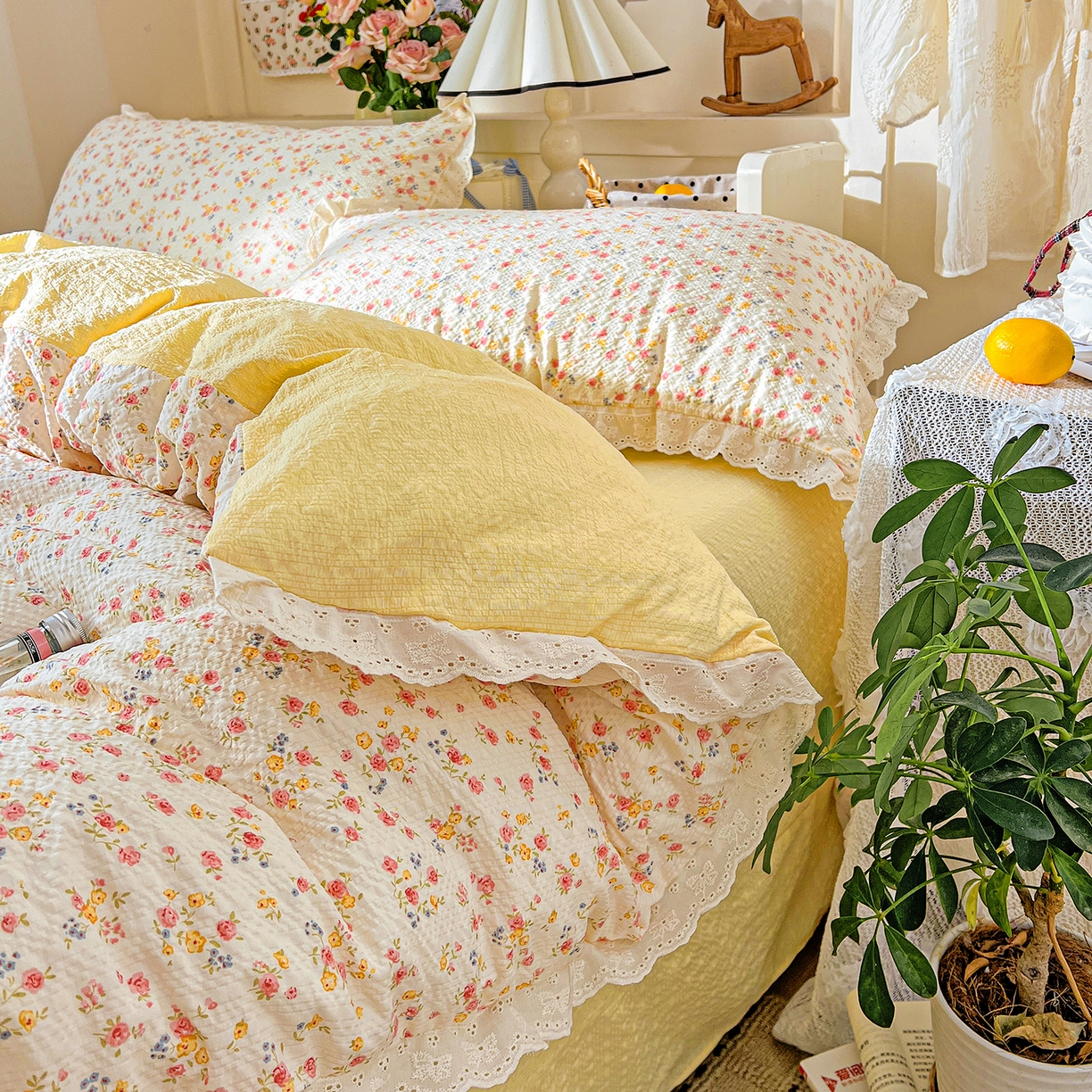 91家纺网 家纺一手货源 找家纺 瑞禾家纺 2026新款泡芙纱花边四件套 心愿