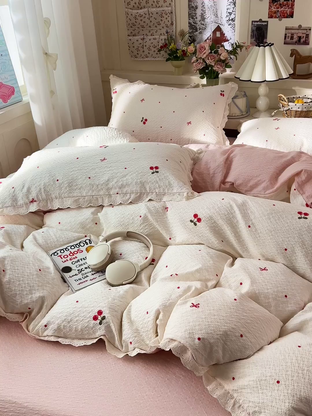 91家纺网 家纺一手货源 找家纺 瑞禾家纺 2026新款泡芙纱花边四件套 樱桃布丁