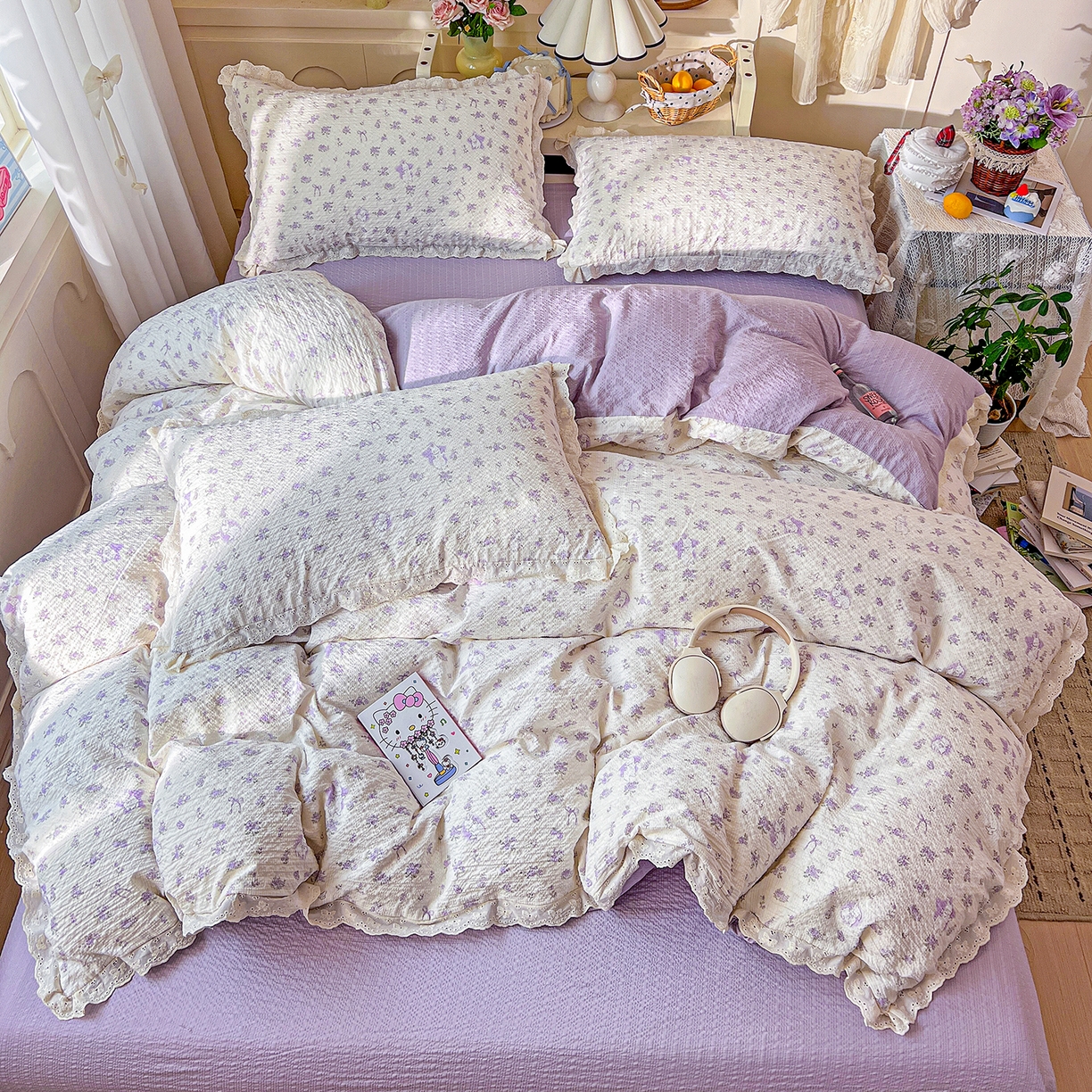 91家纺网 家纺一手货源 找家纺 瑞禾家纺 2026新款泡芙纱花边四件套 紫色花田