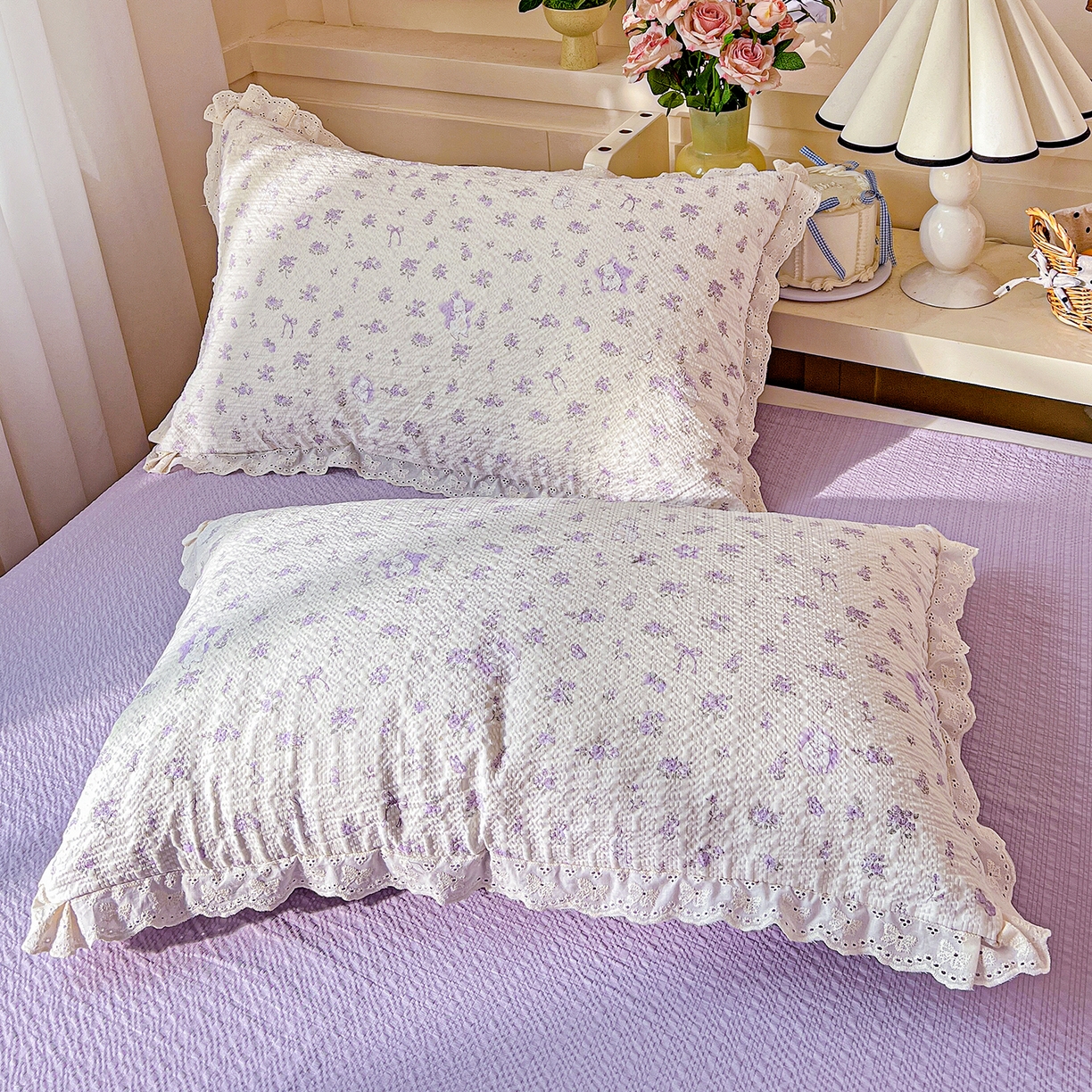 91家纺网 家纺一手货源 找家纺 瑞禾家纺 2026新款泡芙纱花边四件套 紫色花田