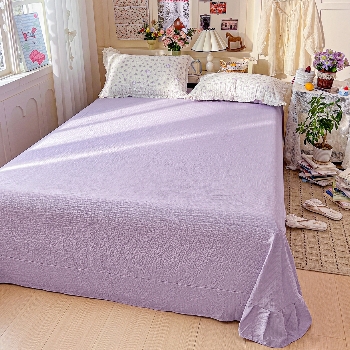 91家纺网 家纺一手货源 找家纺 瑞禾家纺 2026新款泡芙纱花边四件套 紫色花田