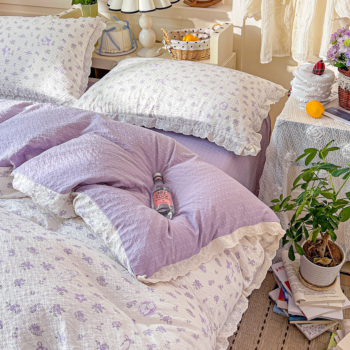 91家纺网 家纺一手货源 找家纺 瑞禾家纺 2026新款泡芙纱花边四件套 紫色花田