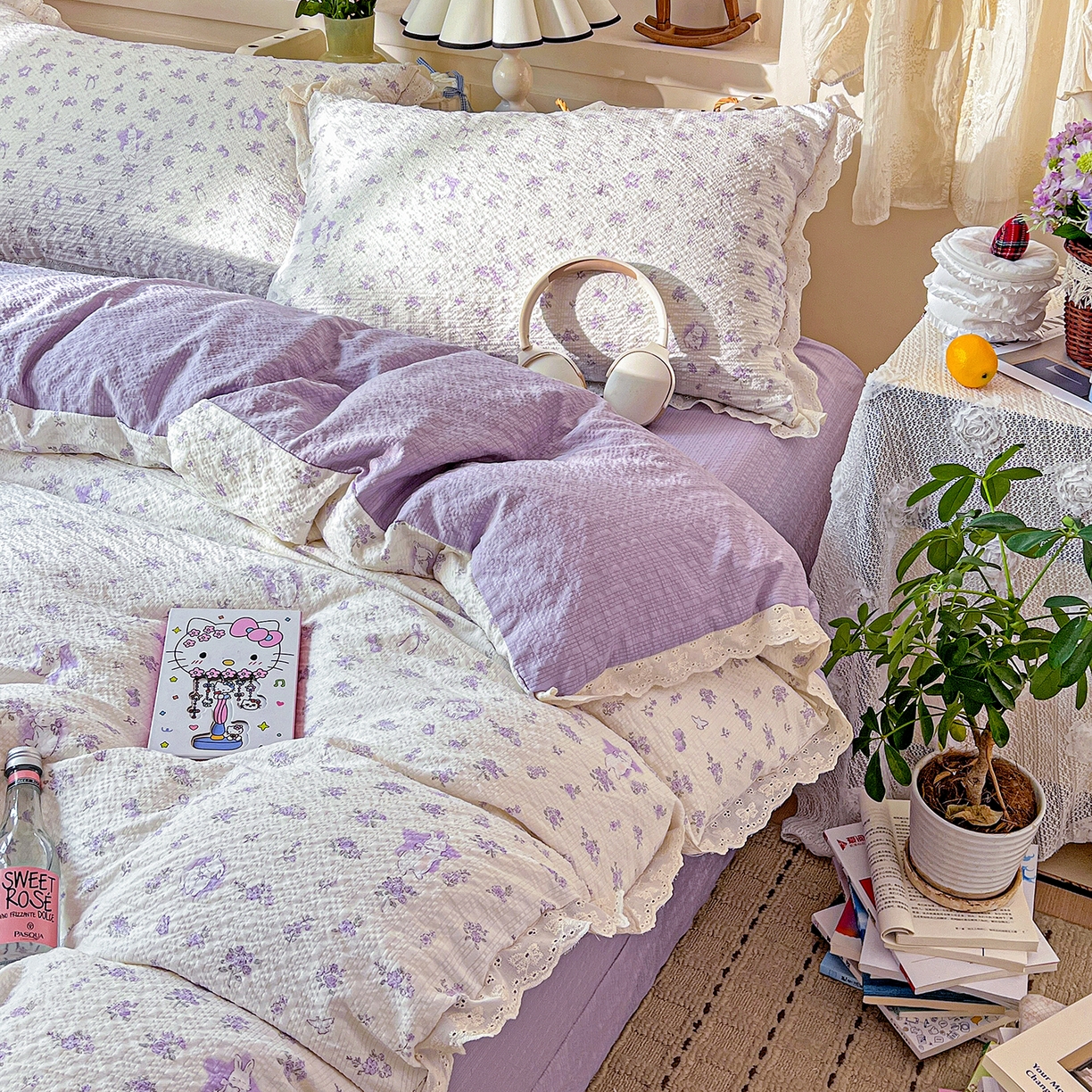 91家纺网 家纺一手货源 找家纺 瑞禾家纺 2026新款泡芙纱花边四件套 紫色花田