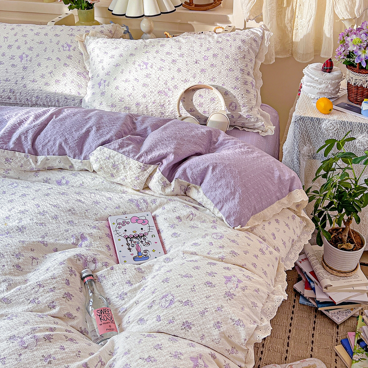 91家纺网 家纺一手货源 找家纺 瑞禾家纺 2026新款泡芙纱花边四件套 紫色花田