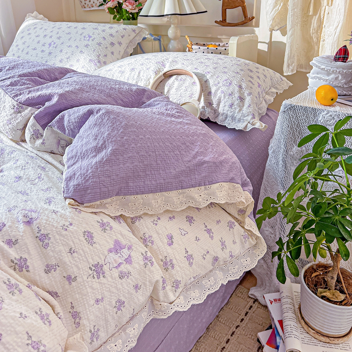 91家纺网 家纺一手货源 找家纺 瑞禾家纺 2026新款泡芙纱花边四件套 紫色花田