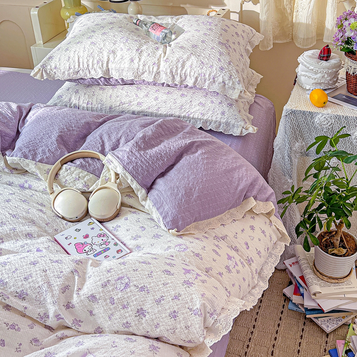 91家纺网 家纺一手货源 找家纺 瑞禾家纺 2026新款泡芙纱花边四件套 紫色花田