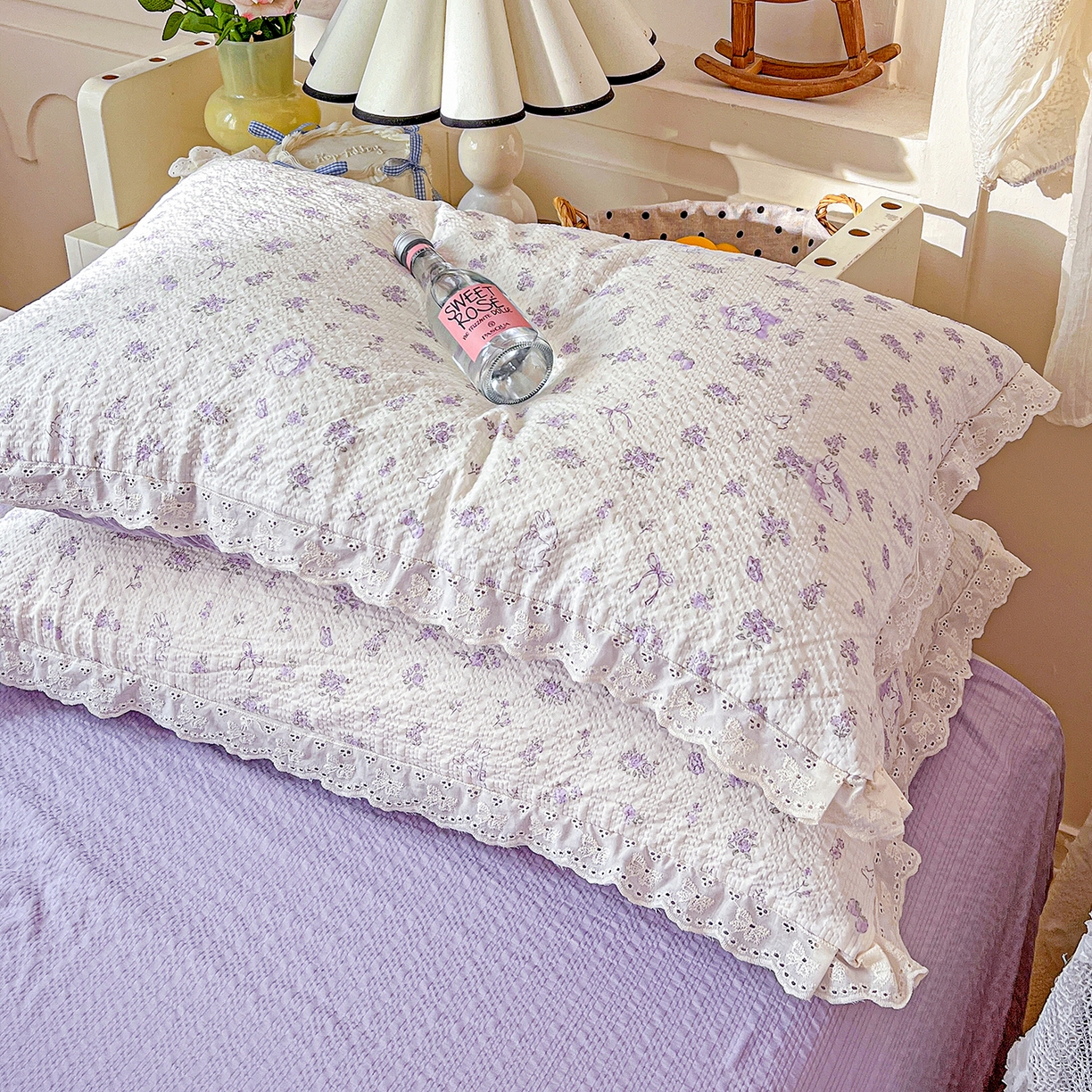 91家纺网 家纺一手货源 找家纺 瑞禾家纺 2026新款泡芙纱花边四件套 紫色花田