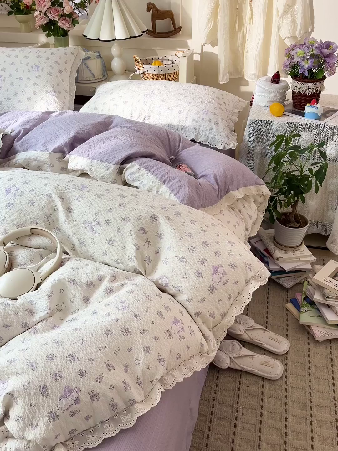91家纺网 家纺一手货源 找家纺 瑞禾家纺 2026新款泡芙纱花边四件套 紫色花田