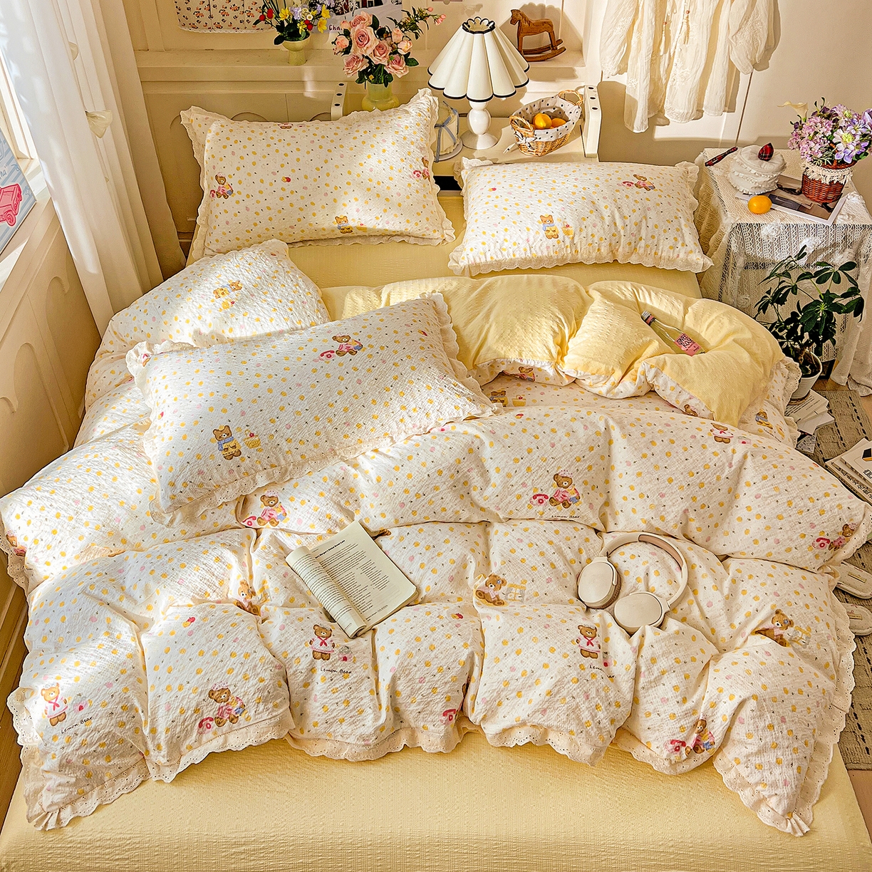 91家纺网 家纺一手货源 找家纺 瑞禾家纺 2026新款泡芙纱花边四件套 棕熊宝贝