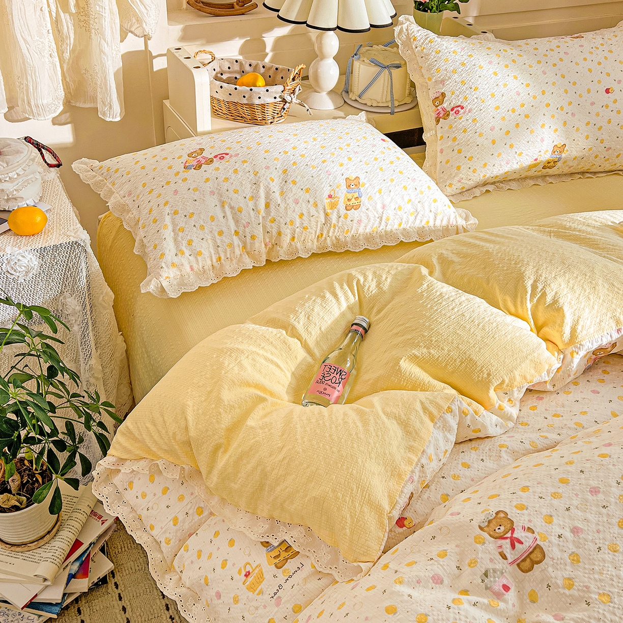 91家纺网 家纺一手货源 找家纺 瑞禾家纺 2026新款泡芙纱花边四件套 棕熊宝贝