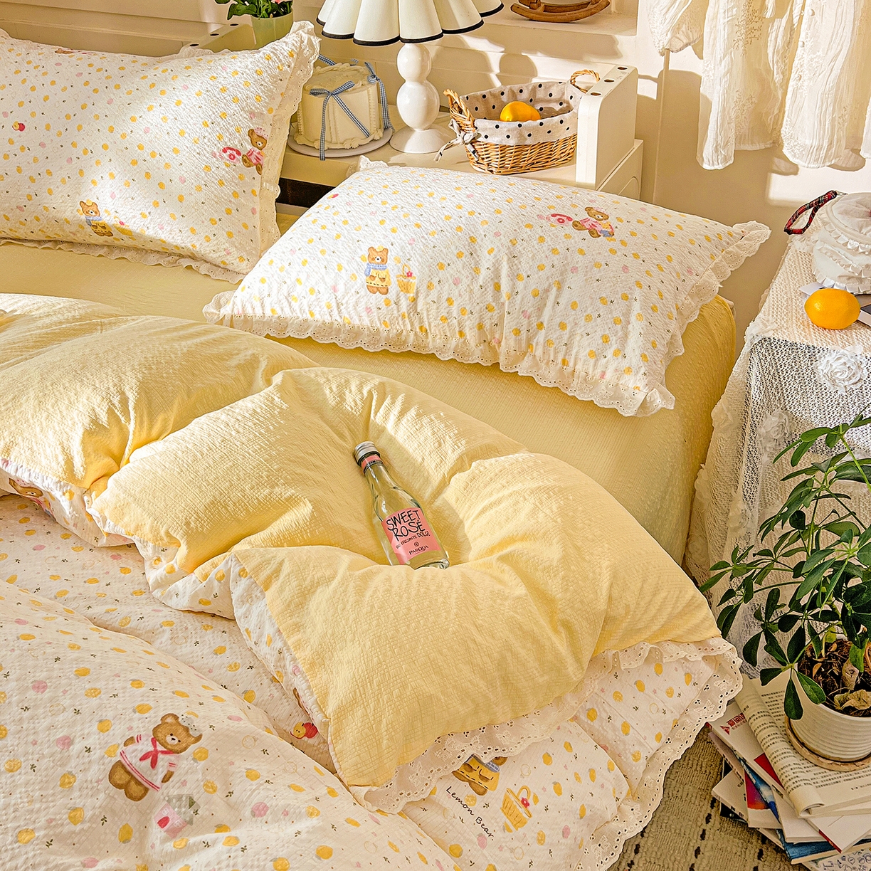 91家纺网 家纺一手货源 找家纺 瑞禾家纺 2026新款泡芙纱花边四件套 棕熊宝贝