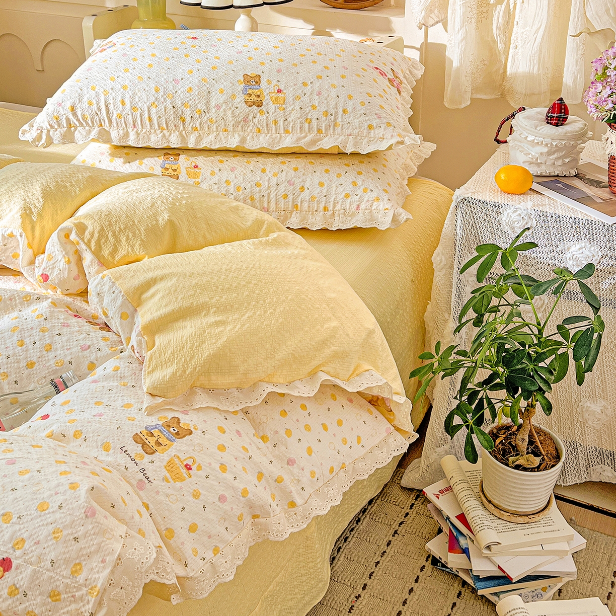 91家纺网 家纺一手货源 找家纺 瑞禾家纺 2026新款泡芙纱花边四件套 棕熊宝贝