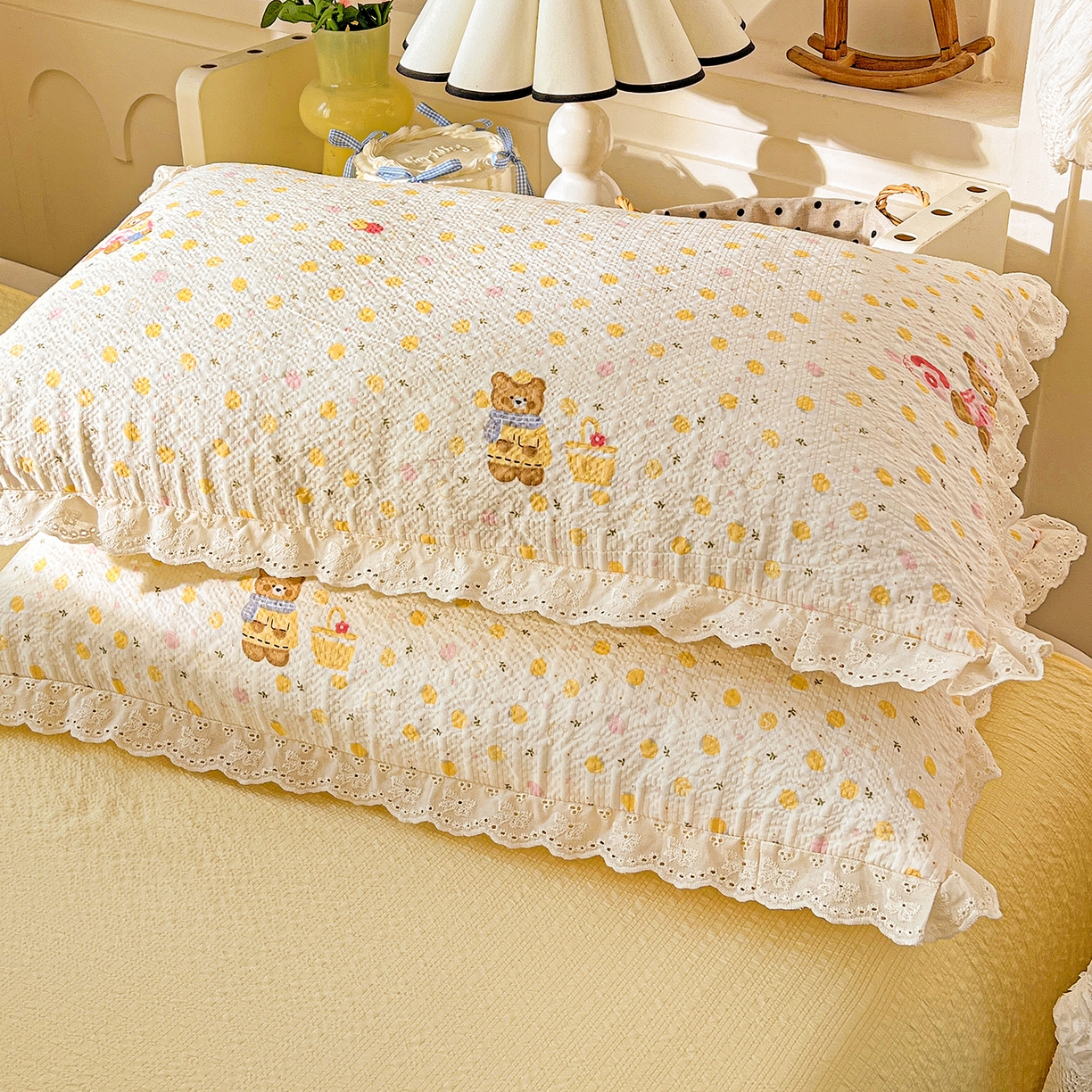 91家纺网 家纺一手货源 找家纺 瑞禾家纺 2026新款泡芙纱花边四件套 棕熊宝贝