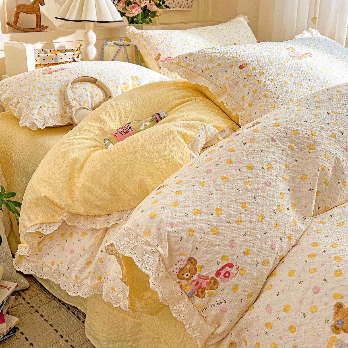 91家纺网 家纺一手货源 找家纺 瑞禾家纺 2026新款泡芙纱花边四件套 棕熊宝贝