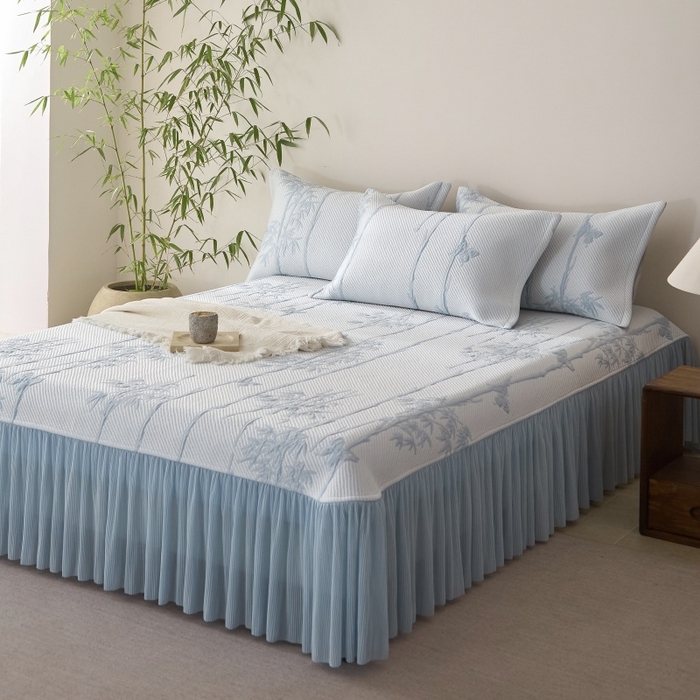 91家纺网 家纺一手货源 找家纺 金绣美居 2026春夏新款PE高分子复合凉感席双面提床裙款凉席三件套-竹影 竹影-蓝色