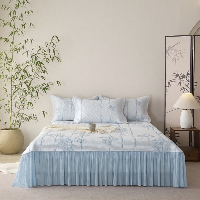 91家纺网 家纺一手货源 找家纺 金绣美居 2026春夏新款PE高分子复合凉感席双面提床裙款凉席三件套-竹影 竹影-蓝色