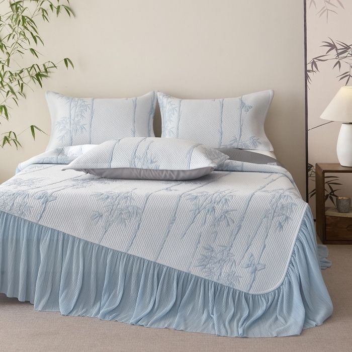 91家纺网 家纺一手货源 找家纺 金绣美居 2026春夏新款PE高分子复合凉感席双面提床裙款凉席三件套-竹影 竹影-蓝色