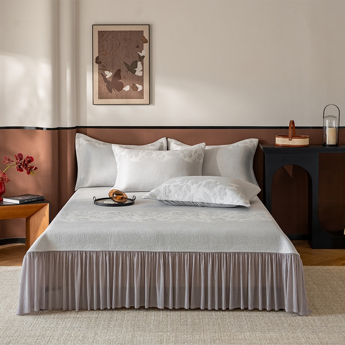 91家纺网 家纺一手货源 找家纺 金绣美居 2026新款PE高分子复合凉感席双面提床裙款凉席三件套-忆江南 忆江南-灰色