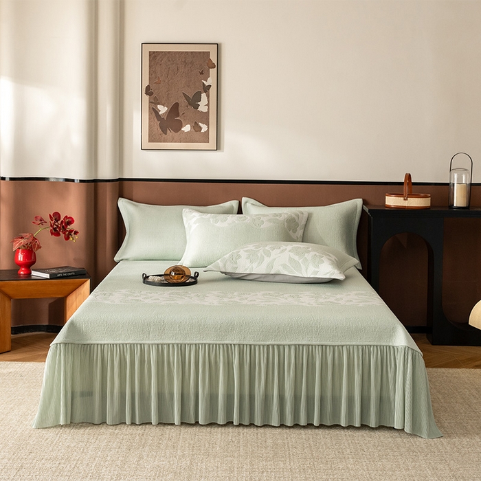 91家纺网 家纺一手货源 找家纺 金绣美居 2026新款PE高分子复合凉感席双面提床裙款凉席三件套-忆江南 忆江南-浅绿