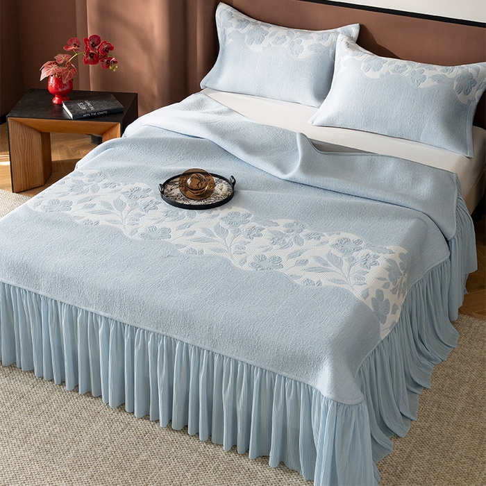 91家纺网 家纺一手货源 找家纺 （总）金绣美居 2026新款PE高分子复合凉感席双面提床裙款凉席三件套-忆江南