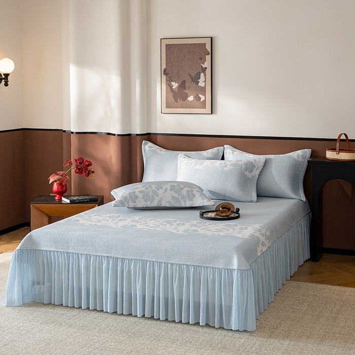 91家纺网 家纺一手货源 找家纺 金绣美居 2026新款PE高分子复合凉感席双面提床裙款凉席三件套-忆江南 忆江南-水蓝