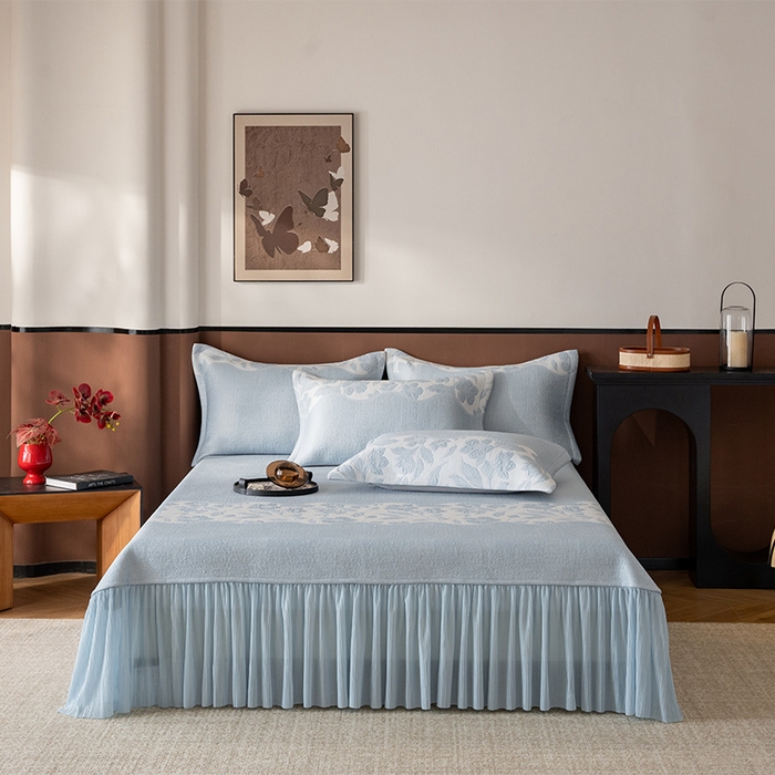 91家纺网 家纺一手货源 找家纺 金绣美居 2026新款PE高分子复合凉感席双面提床裙款凉席三件套-忆江南 忆江南-水蓝