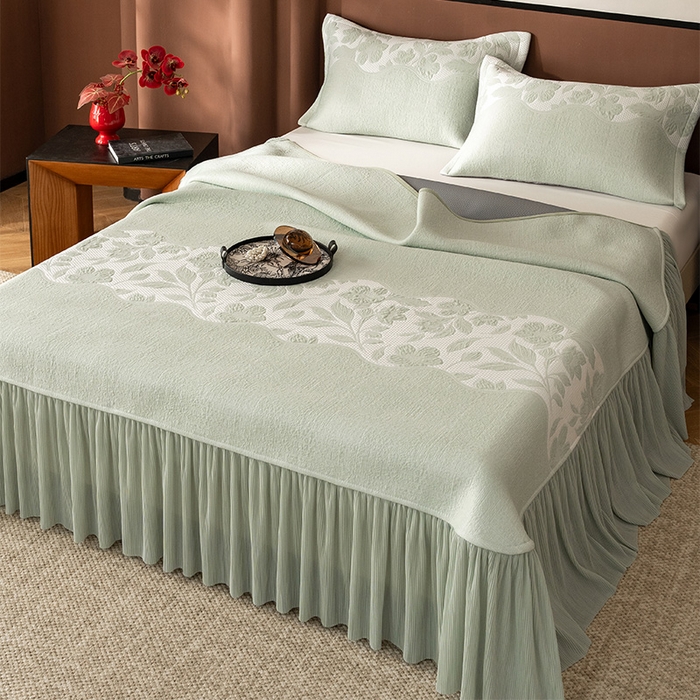 金绣美居 2026新款PE高分子复合凉感席双面提床裙款凉席三件套-忆江南 忆江南-浅绿