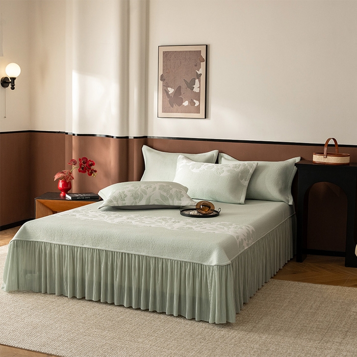 91家纺网 家纺一手货源 找家纺 金绣美居 2026新款PE高分子复合凉感席双面提床裙款凉席三件套-忆江南 忆江南-浅绿