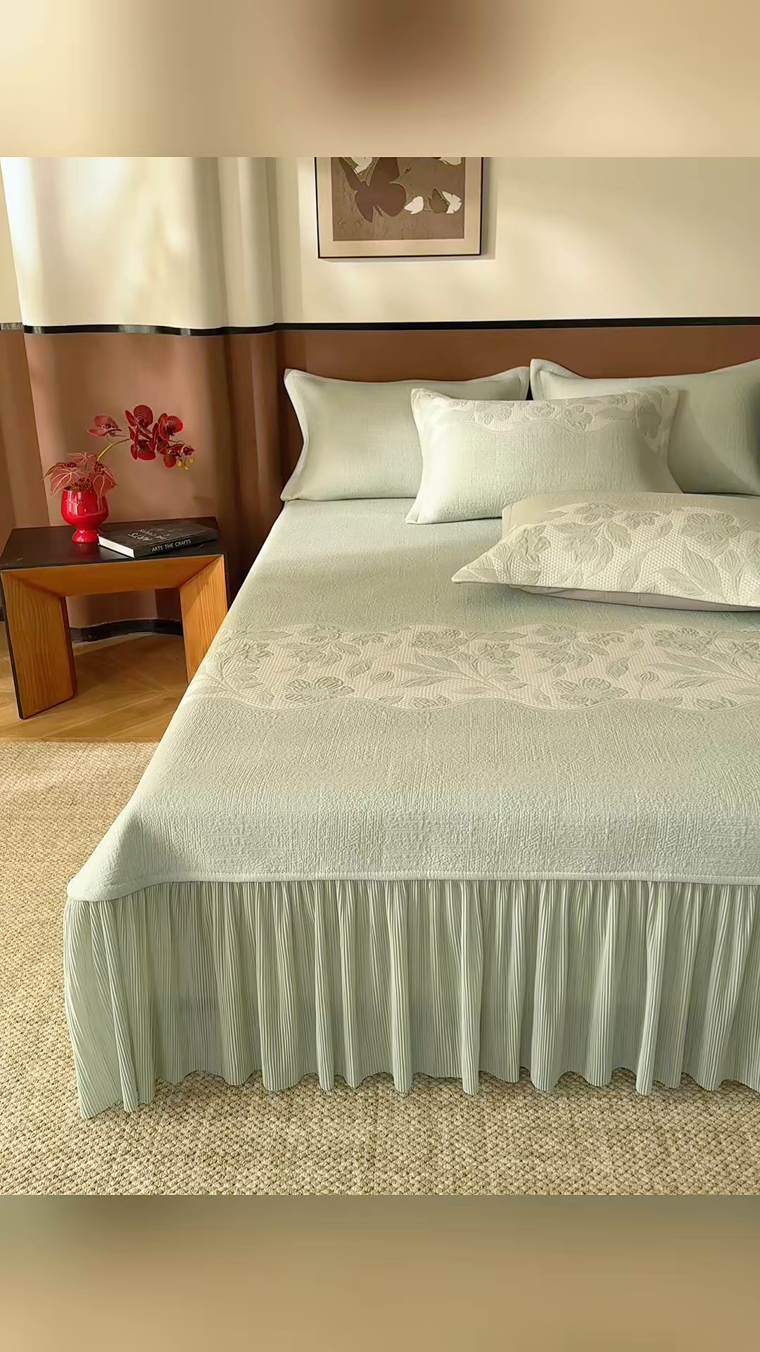 91家纺网 家纺一手货源 找家纺 金绣美居 2026新款PE高分子复合凉感席双面提床裙款凉席三件套-忆江南 忆江南-浅绿