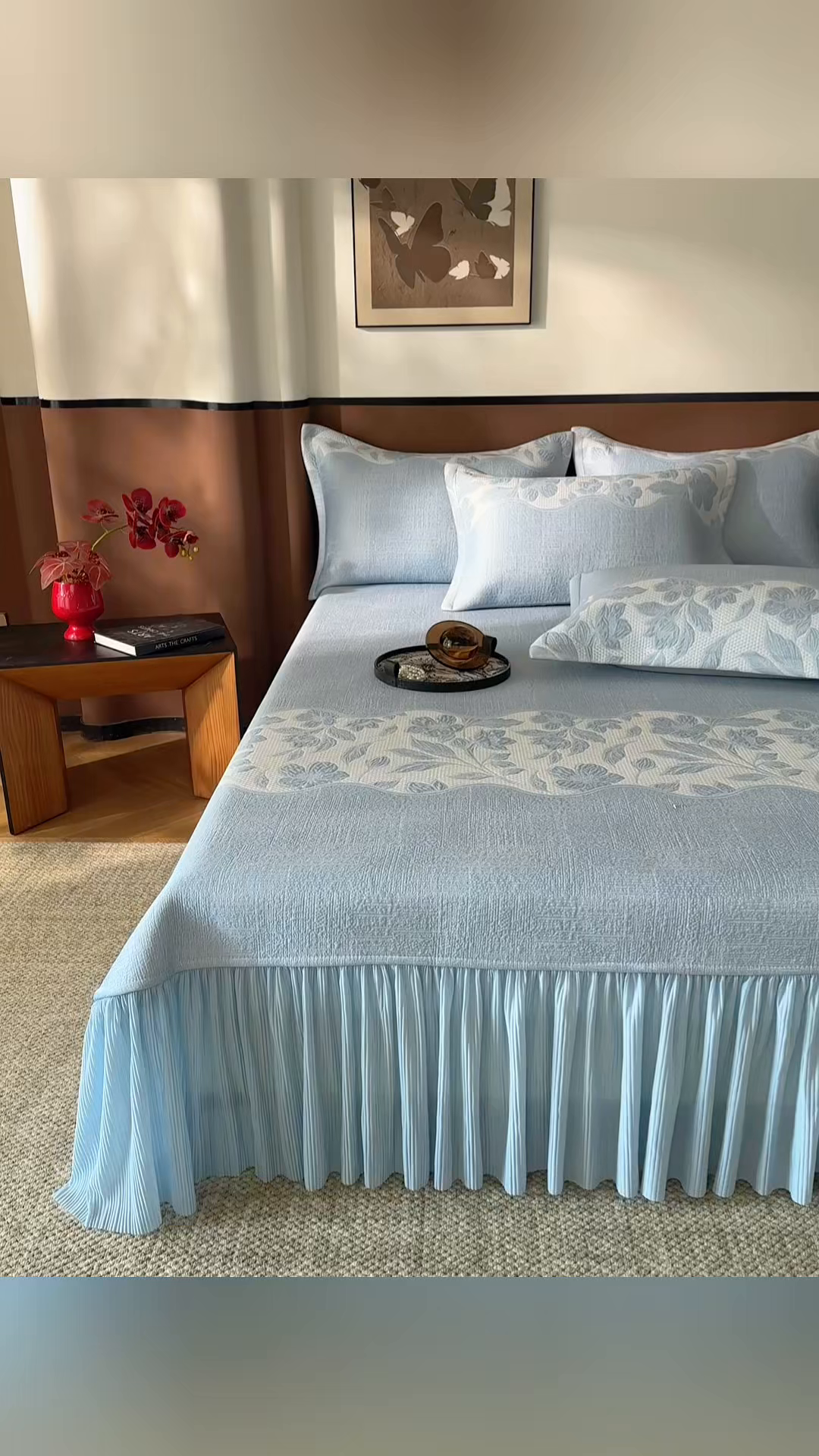 91家纺网 家纺一手货源 找家纺 金绣美居 2026新款PE高分子复合凉感席双面提床裙款凉席三件套-忆江南 忆江南-水蓝