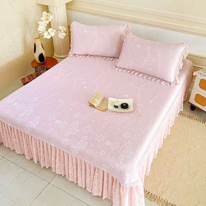 91家纺网 家纺一手货源 找家纺 金绣美居 2026新款PE高分子凉感席聚乙烯冰感床裙款凉席三件套-一路生花 一路生花-粉色