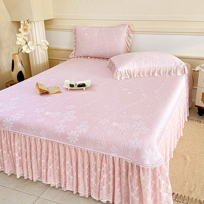 91家纺网 家纺一手货源 找家纺 金绣美居 2026新款PE高分子凉感席聚乙烯冰感床裙款凉席三件套-一路生花 一路生花-粉色