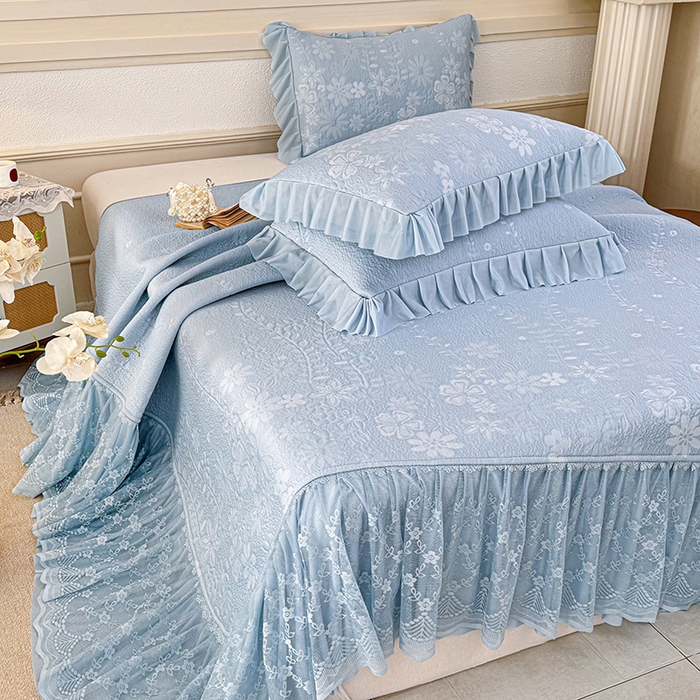 91家纺网 家纺一手货源 找家纺 金绣美居 2026新款PE高分子凉感席聚乙烯冰感床裙款凉席三件套-一路生花 一路生花-蓝色