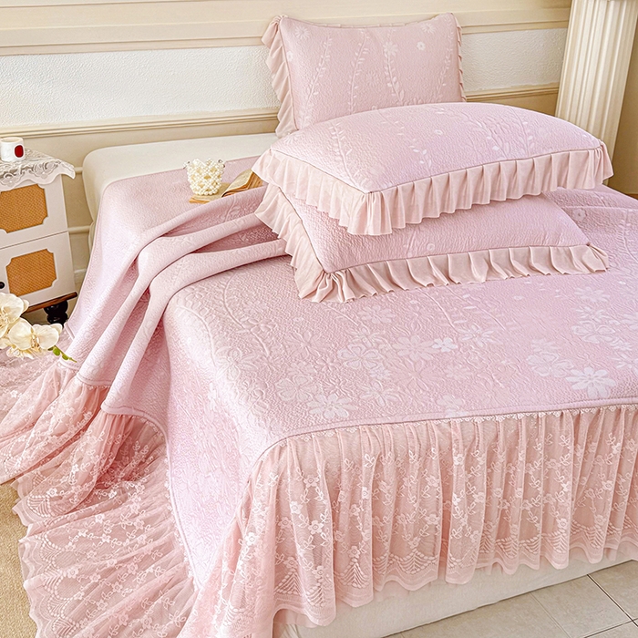 91家纺网 家纺一手货源 找家纺 （总）金绣美居 2026新款PE高分子凉感席聚乙烯冰感床裙款凉席三件套-一路生花