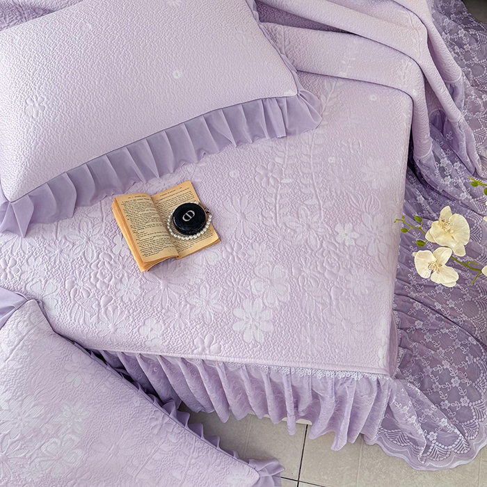 91家纺网 家纺一手货源 找家纺 金绣美居 2026新款PE高分子凉感席聚乙烯冰感床裙款凉席三件套-一路生花 一路生花-紫色