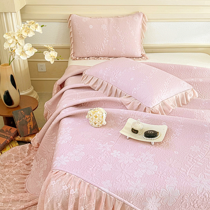 91家纺网 家纺一手货源 找家纺 （总）金绣美居 2026新款PE高分子凉感席聚乙烯冰感床裙款凉席三件套-一路生花