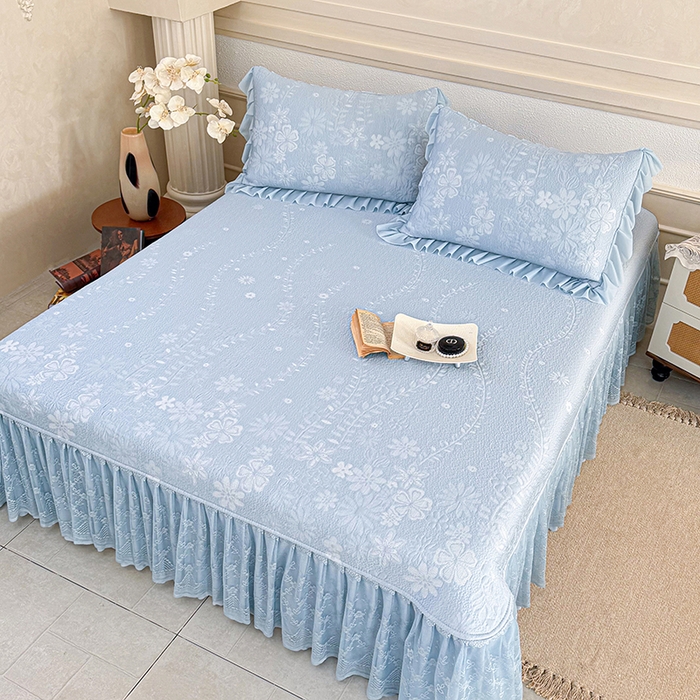 91家纺网 家纺一手货源 找家纺 金绣美居 2026新款PE高分子凉感席聚乙烯冰感床裙款凉席三件套-一路生花 一路生花-蓝色