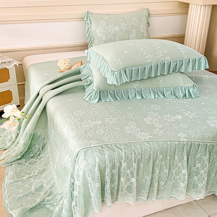 91家纺网 家纺一手货源 找家纺 金绣美居 2026新款PE高分子凉感席聚乙烯冰感床裙款凉席三件套-一路生花 一路生花-绿色