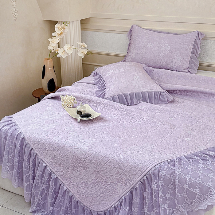 91家纺网 家纺一手货源 找家纺 金绣美居 2026新款PE高分子凉感席聚乙烯冰感床裙款凉席三件套-一路生花 一路生花-紫色