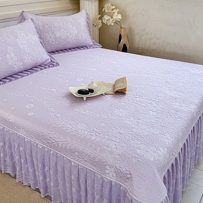 91家纺网 家纺一手货源 找家纺 金绣美居 2026新款PE高分子凉感席聚乙烯冰感床裙款凉席三件套-一路生花 一路生花-紫色