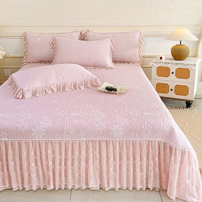 91家纺网 家纺一手货源 找家纺 （总）金绣美居 2026新款PE高分子凉感席聚乙烯冰感床裙款凉席三件套-一路生花