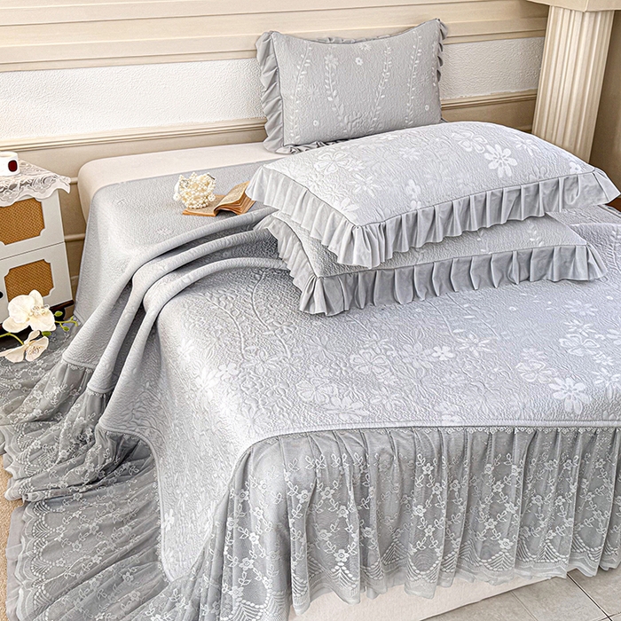 91家纺网 家纺一手货源 找家纺 金绣美居 2026新款PE高分子凉感席聚乙烯冰感床裙款凉席三件套-一路生花 一路生花-灰色