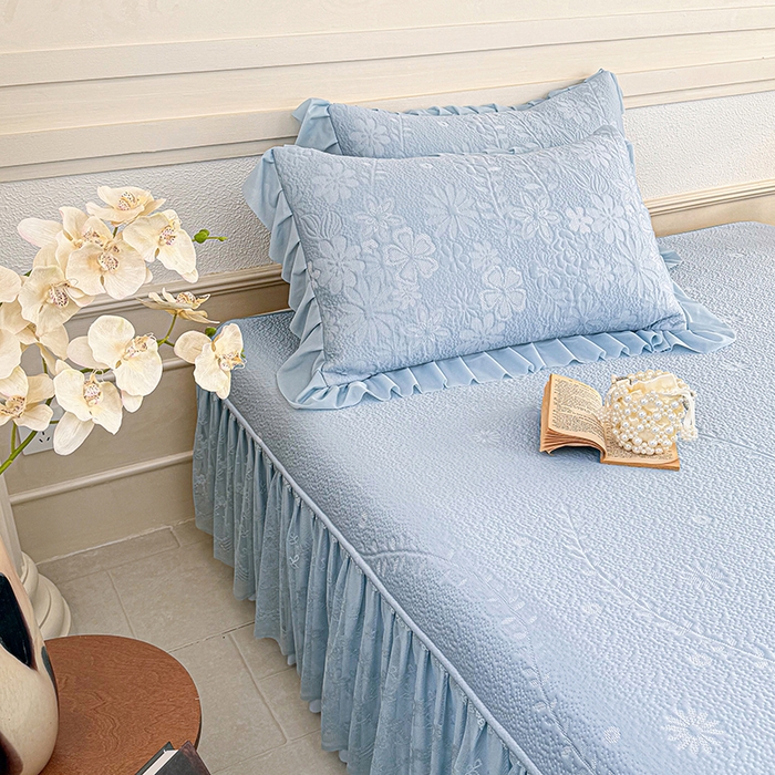 91家纺网 家纺一手货源 找家纺 金绣美居 2026新款PE高分子凉感席聚乙烯冰感床裙款凉席三件套-一路生花 一路生花-蓝色