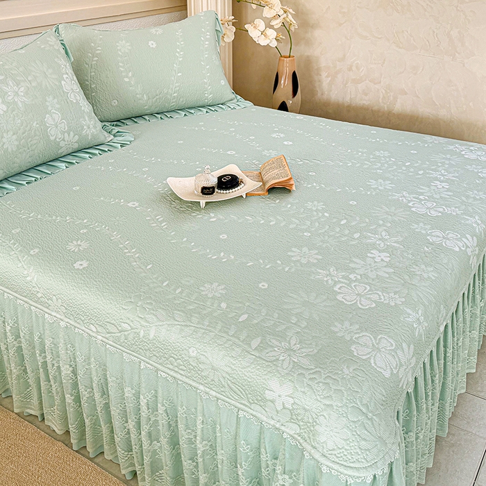 91家纺网 家纺一手货源 找家纺 金绣美居 2026新款PE高分子凉感席聚乙烯冰感床裙款凉席三件套-一路生花 一路生花-绿色