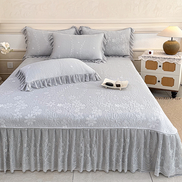 91家纺网 家纺一手货源 找家纺 金绣美居 2026新款PE高分子凉感席聚乙烯冰感床裙款凉席三件套-一路生花 一路生花-灰色