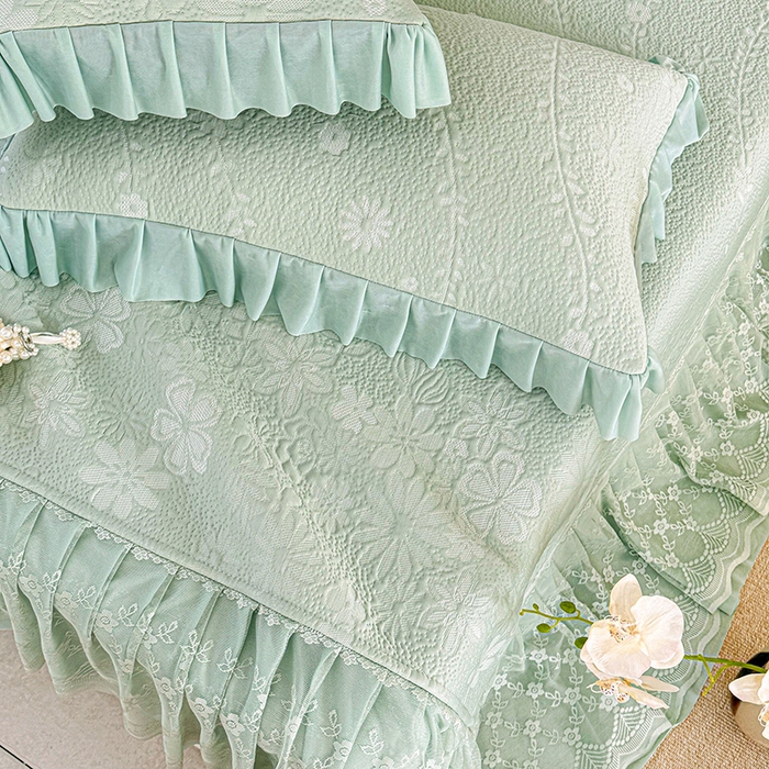 91家纺网 家纺一手货源 找家纺 金绣美居 2026新款PE高分子凉感席聚乙烯冰感床裙款凉席三件套-一路生花 一路生花-绿色