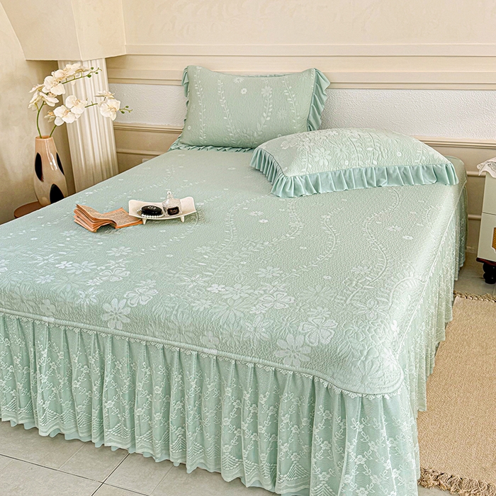 91家纺网 家纺一手货源 找家纺 金绣美居 2026新款PE高分子凉感席聚乙烯冰感床裙款凉席三件套-一路生花 一路生花-绿色