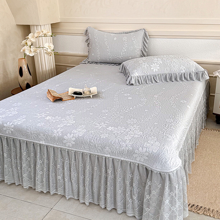 91家纺网 家纺一手货源 找家纺 金绣美居 2026新款PE高分子凉感席聚乙烯冰感床裙款凉席三件套-一路生花 一路生花-灰色