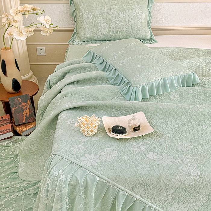 91家纺网 家纺一手货源 找家纺 金绣美居 2026新款PE高分子凉感席聚乙烯冰感床裙款凉席三件套-一路生花 一路生花-绿色